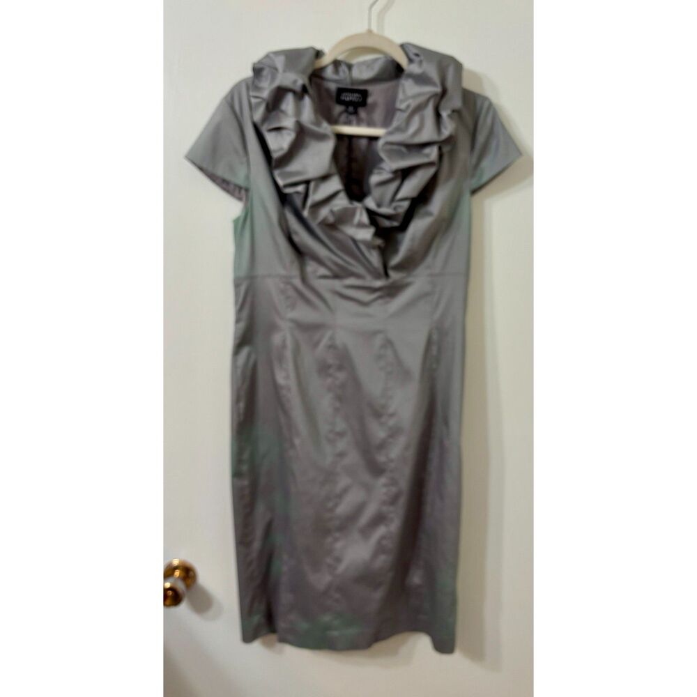 Adrianna Papell Womens Sz 12 Gray Bubble Ruffle Short Sleeve Semi Formal Midi